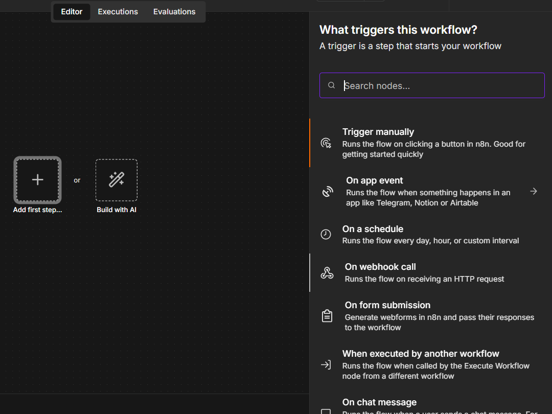 Add the first step and pick a trigger: choose On webhook call.