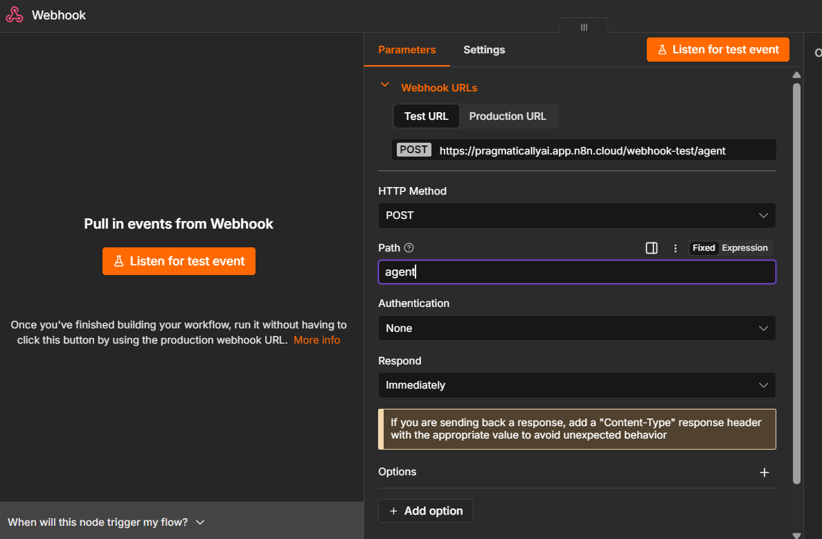 In the Webhook node set HTTP Method to POST and a Path (here: agent).