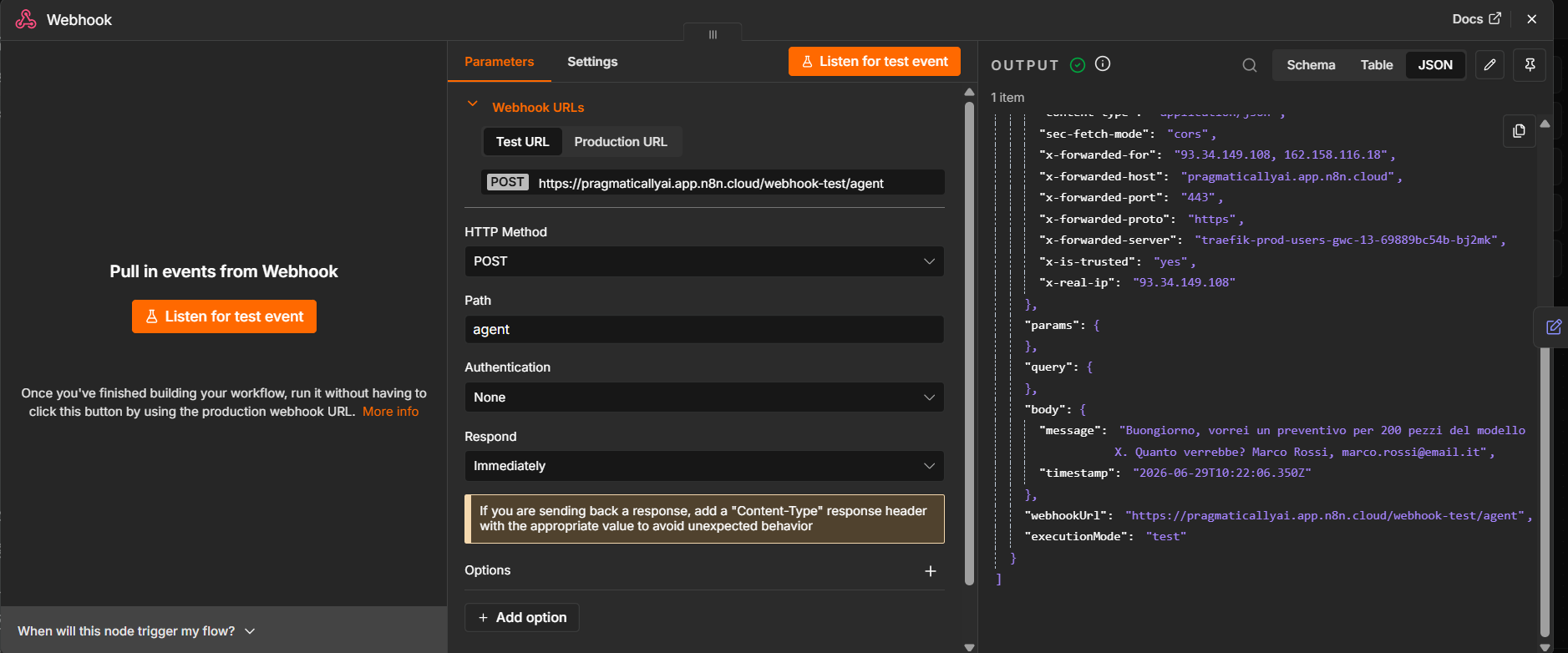 After a call, the message lands under body.message in the node output.