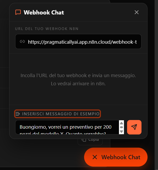 On the site, paste your webhook URL in Webhook Chat and send a message.