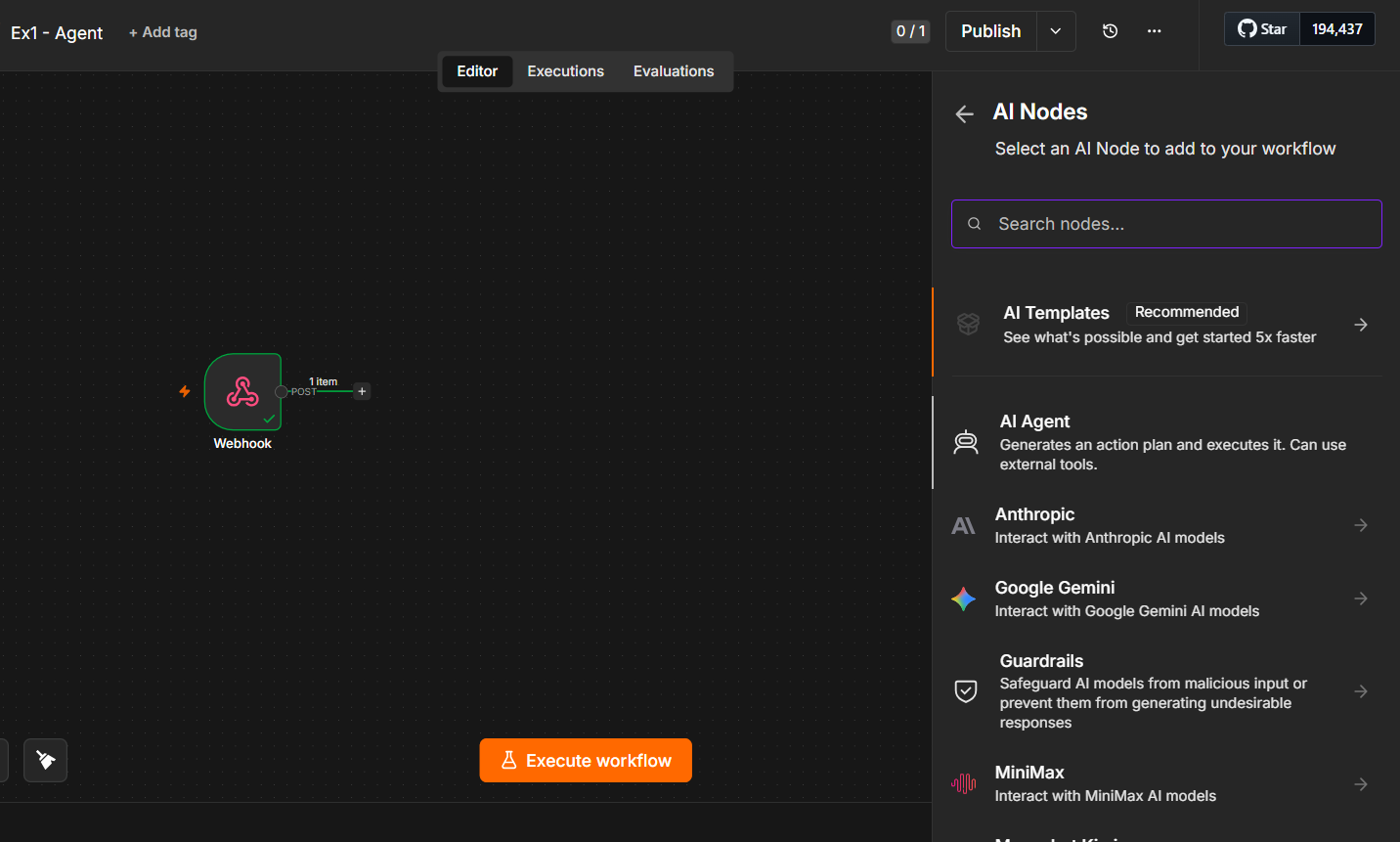Add an AI node to the canvas and pick AI Agent.