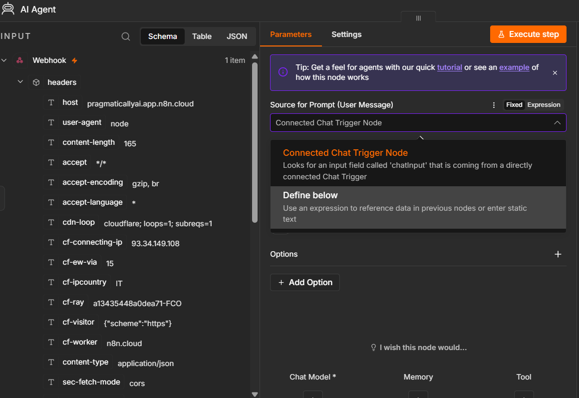 Open Source for Prompt (User Message) and switch from Connected Chat Trigger to Define below.