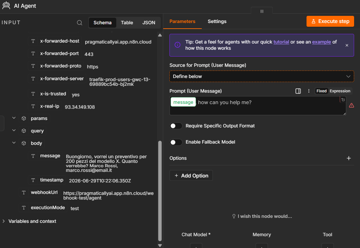 With Define below, the Prompt (User Message) field appears.