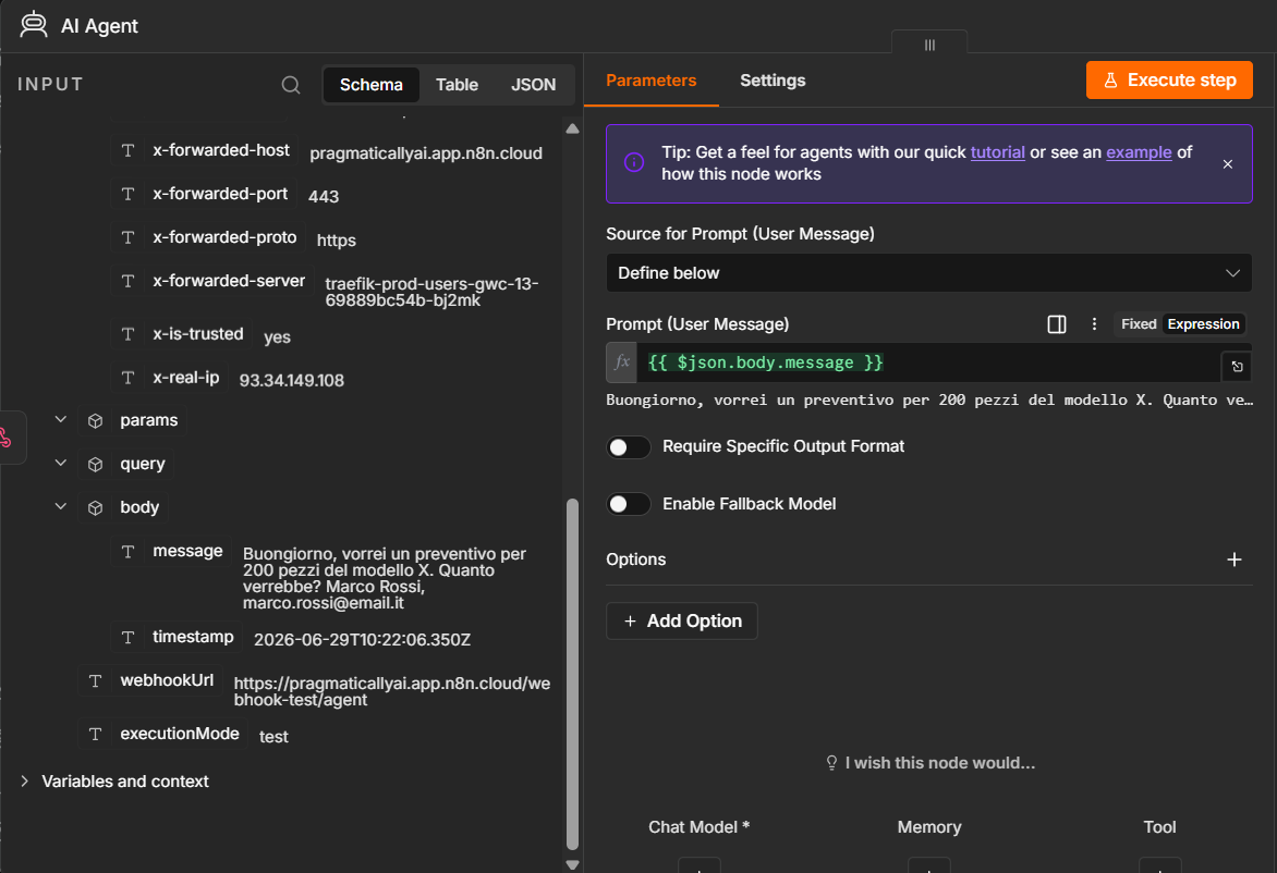 Switch the prompt to Expression and reference the incoming text: {{ $json.body.message }}.
