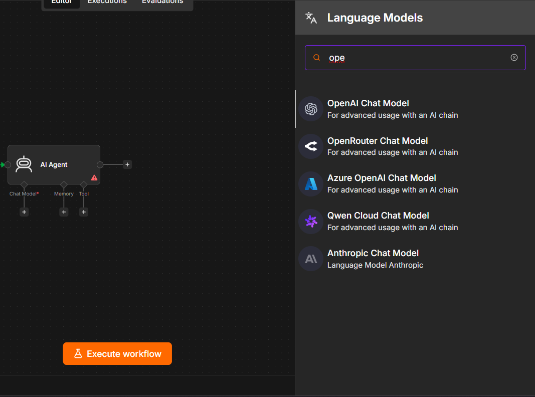On the AI Agent's Chat Model slot, add a model (here OpenAI Chat Model).