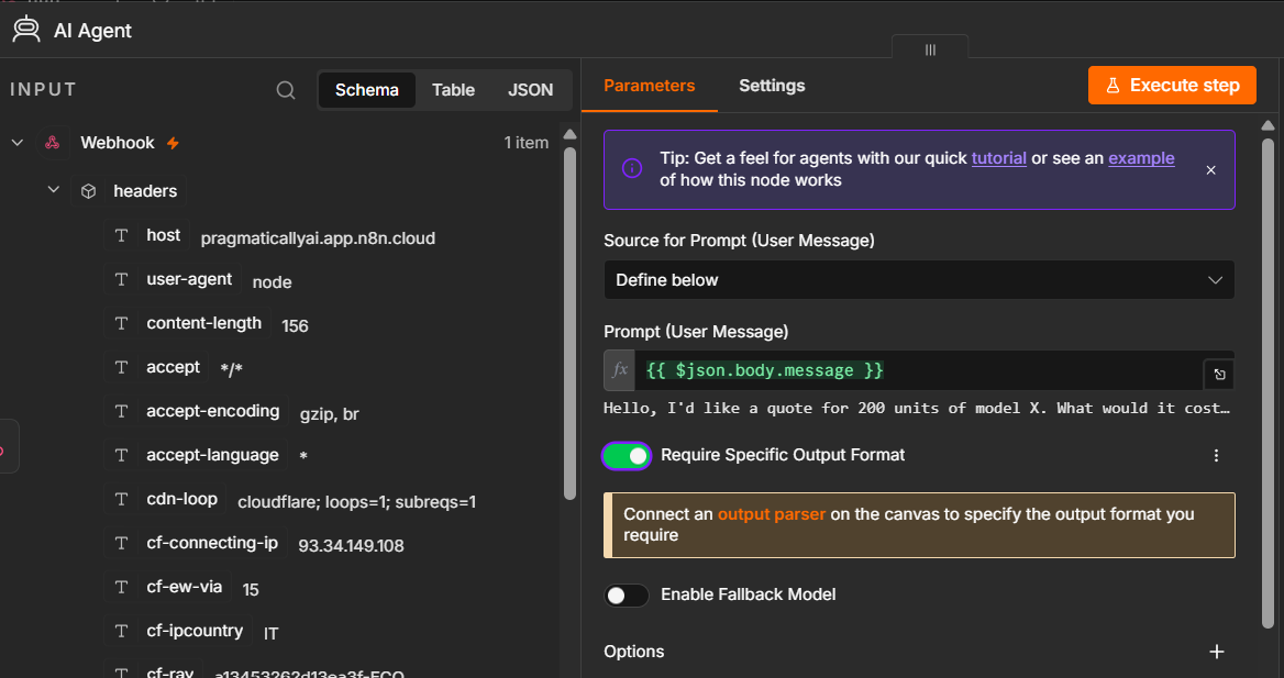 On the AI Agent, turn on Require Specific Output Format.