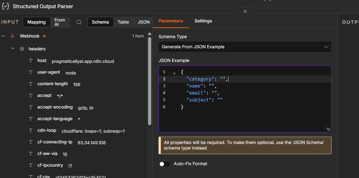 Set Schema Type to Generate From JSON Example and paste the schema. Every field becomes required.