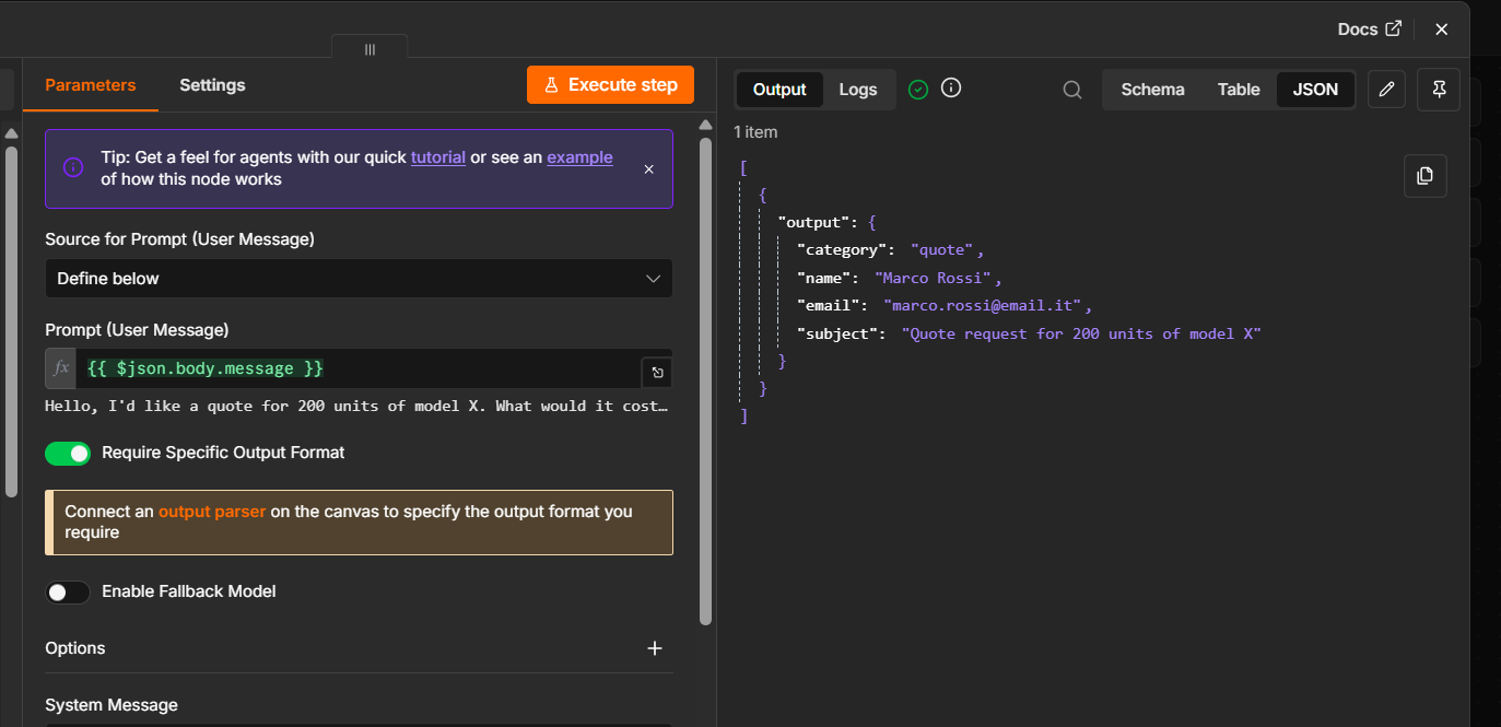 Run it: the agent now returns a structured object (category, name, email, subject).