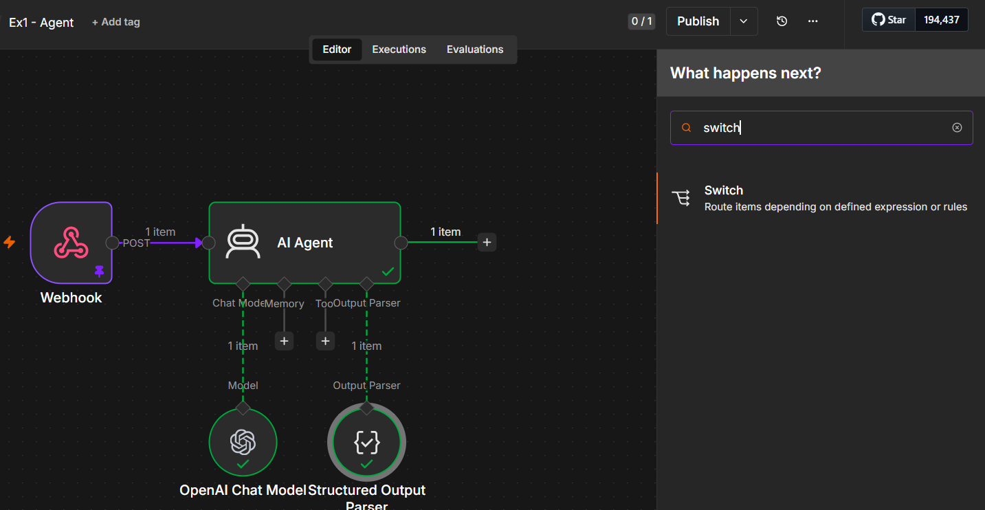 After the AI Agent, add a Switch node (route items by rules).