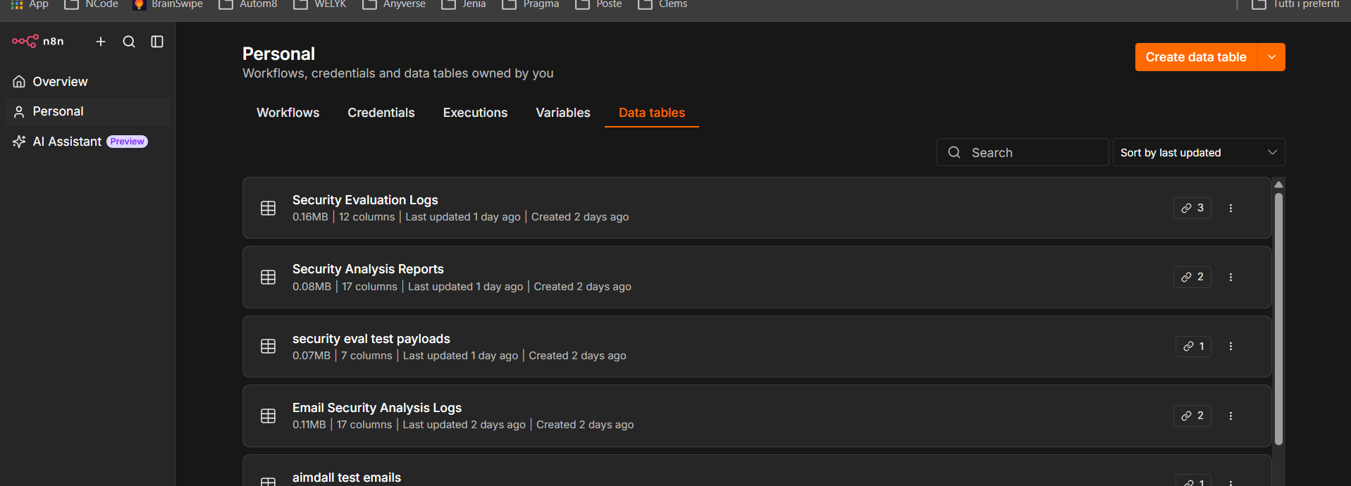 Open Personal > Data tables and click Create data table.