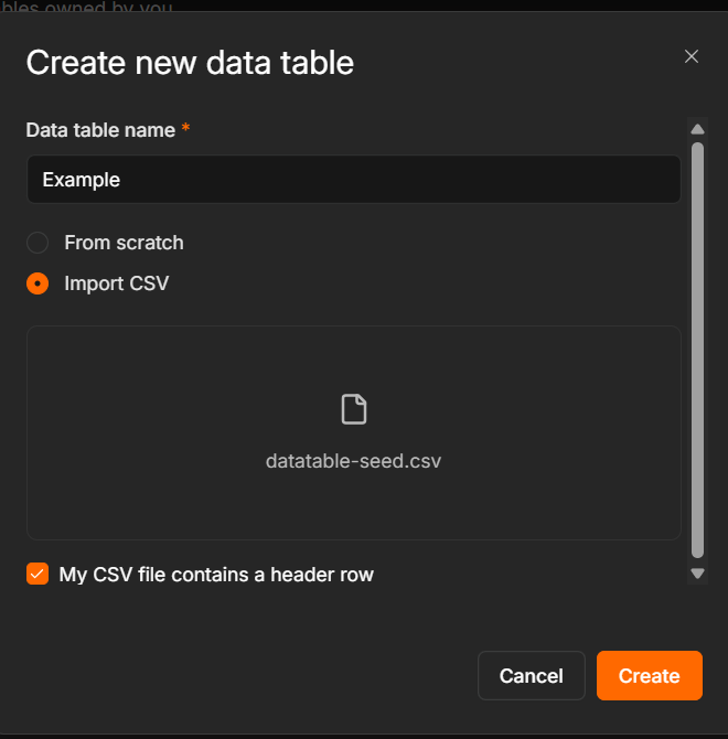 Name the table, choose Import CSV and drop datatable-seed.csv (header row included).