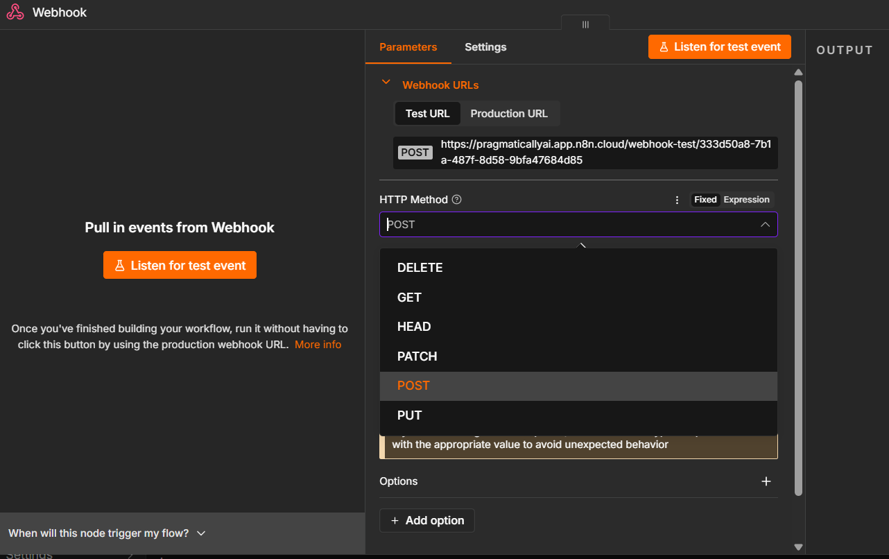 In the Webhook node, open the HTTP Method dropdown and select POST.