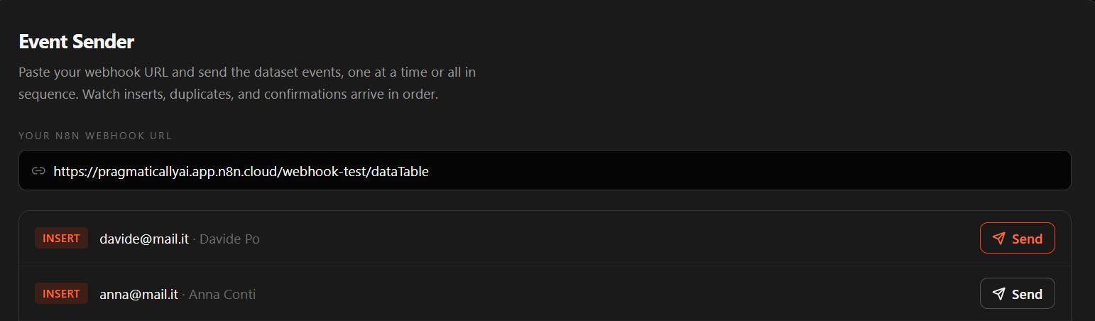 In Event Sender, paste your webhook URL and click Send on the INSERT davide@mail.it row.