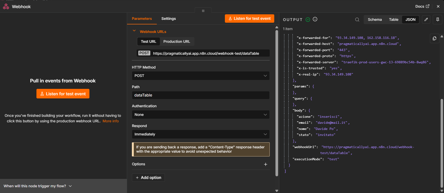 The Webhook captures the event: body shows azione, email, nome, stato in the OUTPUT.