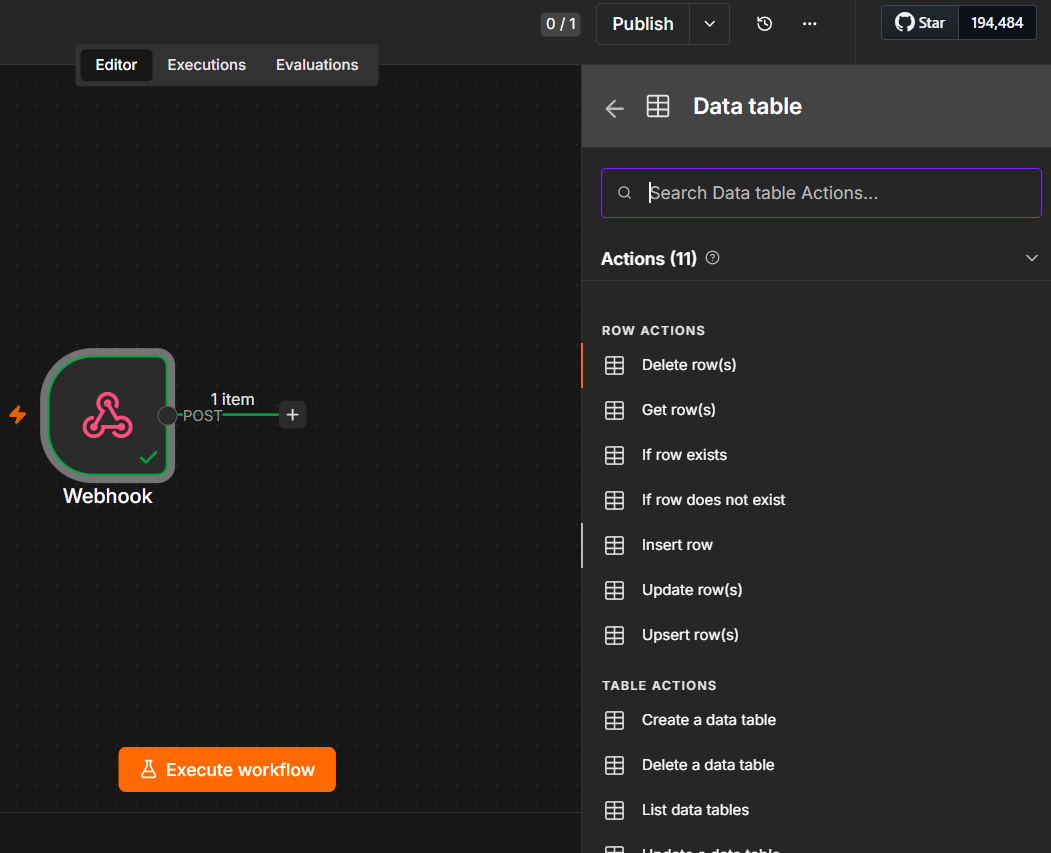 Add a Data table node and choose the Insert row action from the list.