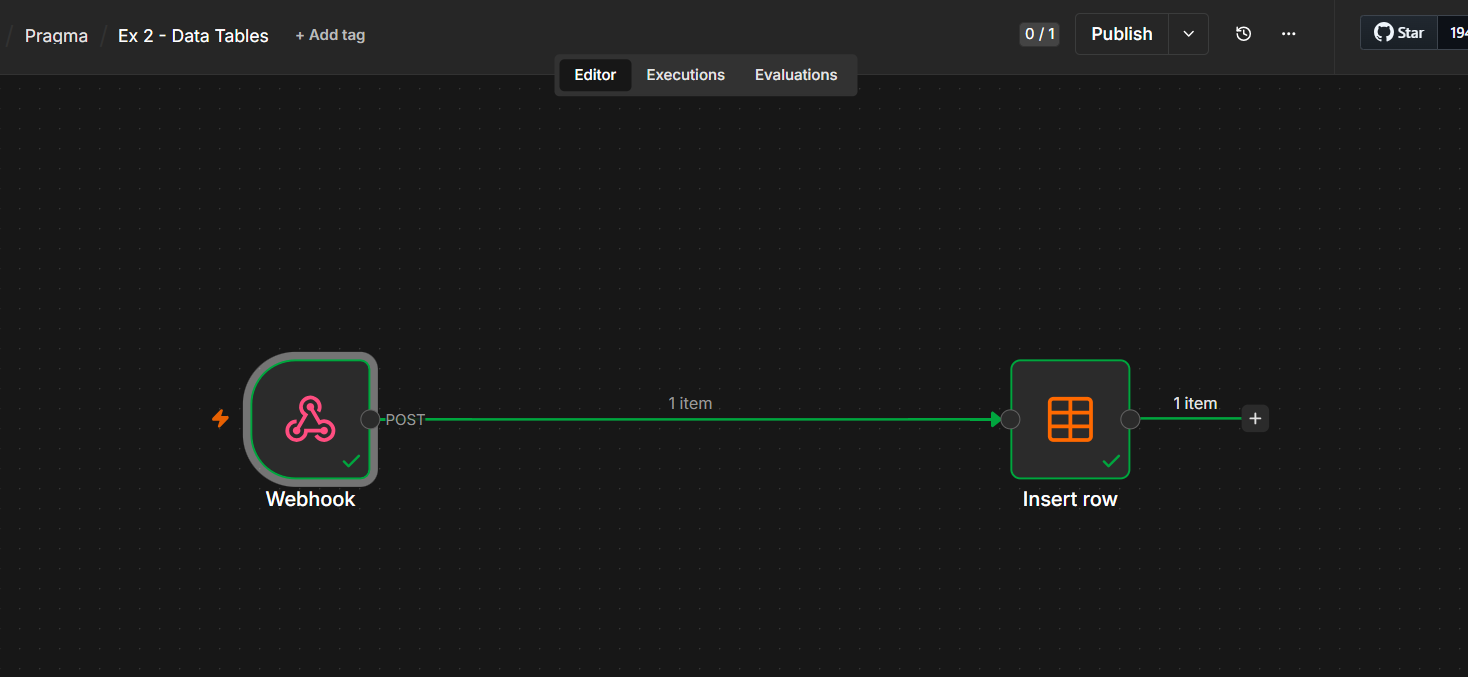 The canvas shows Webhook connected to Insert row, ready to add a duplicate check.