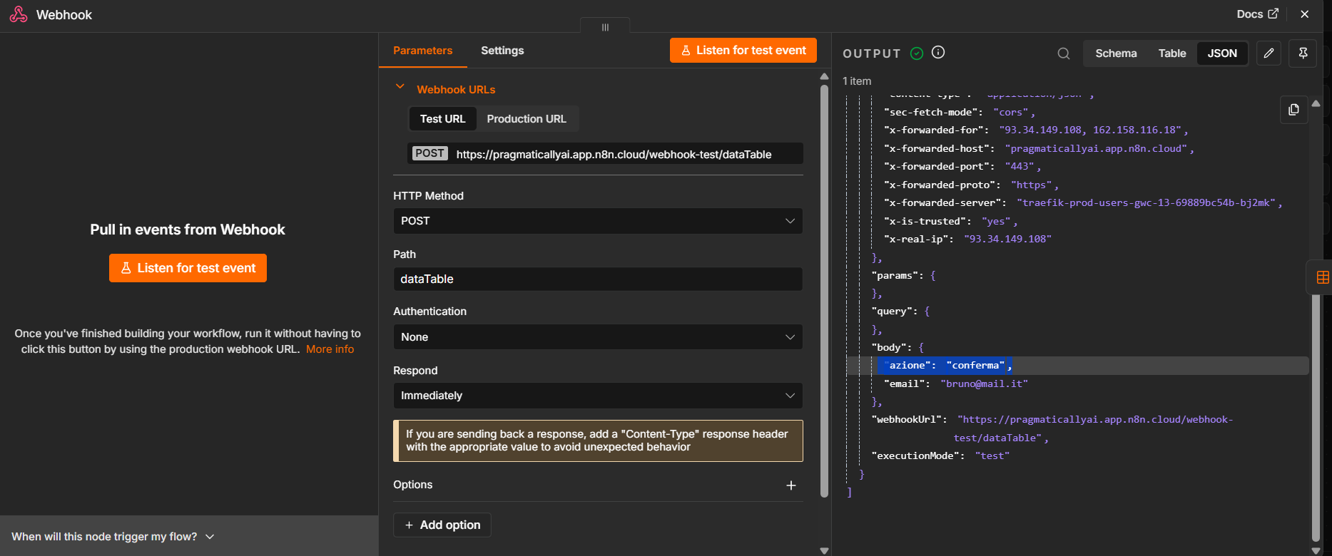 The Webhook OUTPUT shows the body azione conferma for email bruno@mail.it.