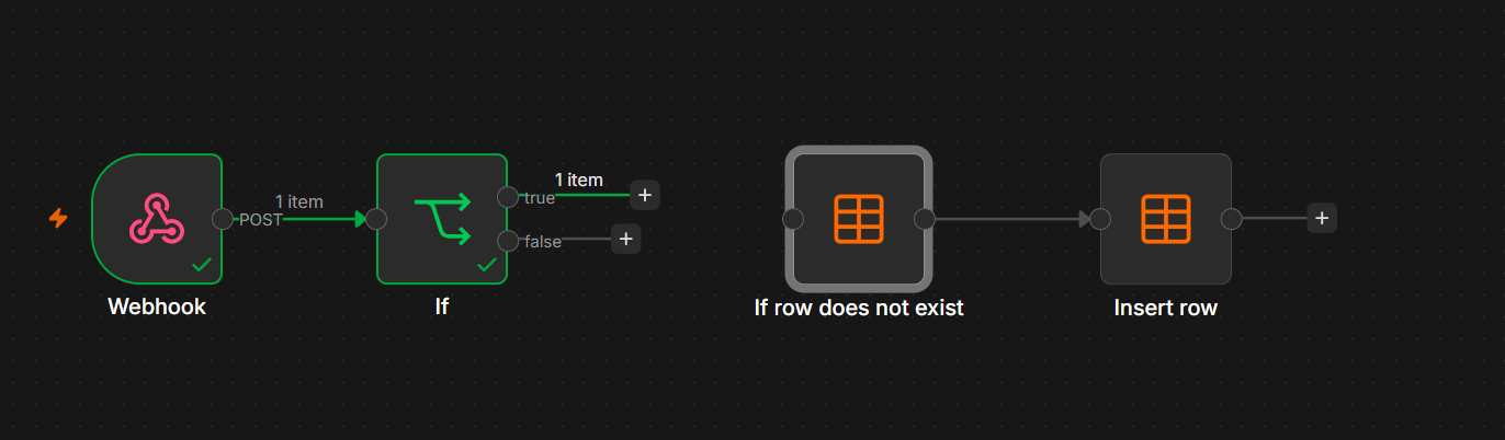 The IF node now branches: true and false outputs, with Insert row on the chain.