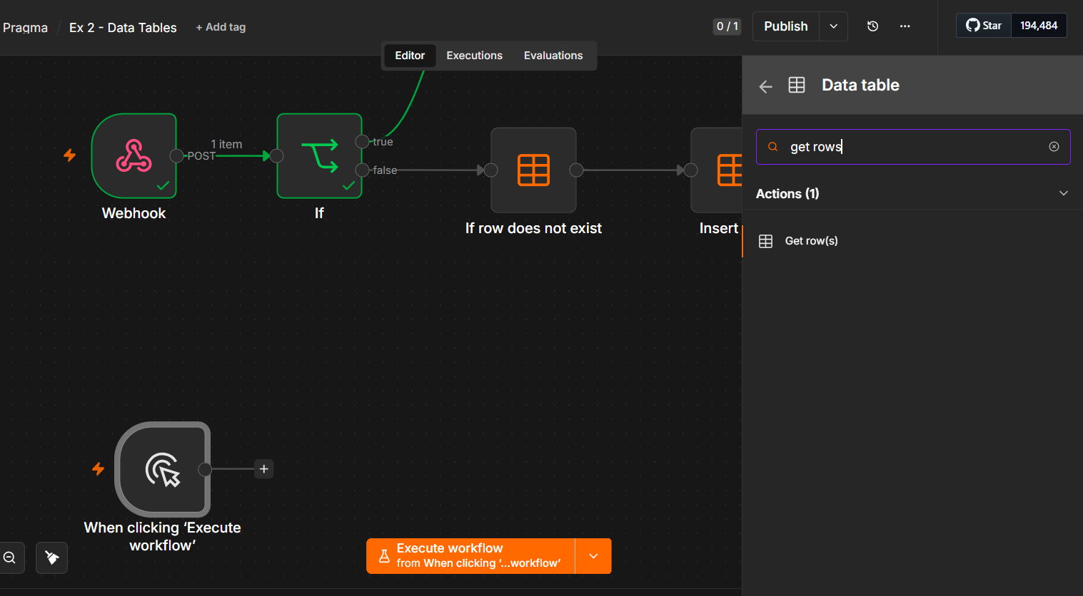 From the Manual Trigger, add a Data table node and search "get rows" to pick Get row(s).