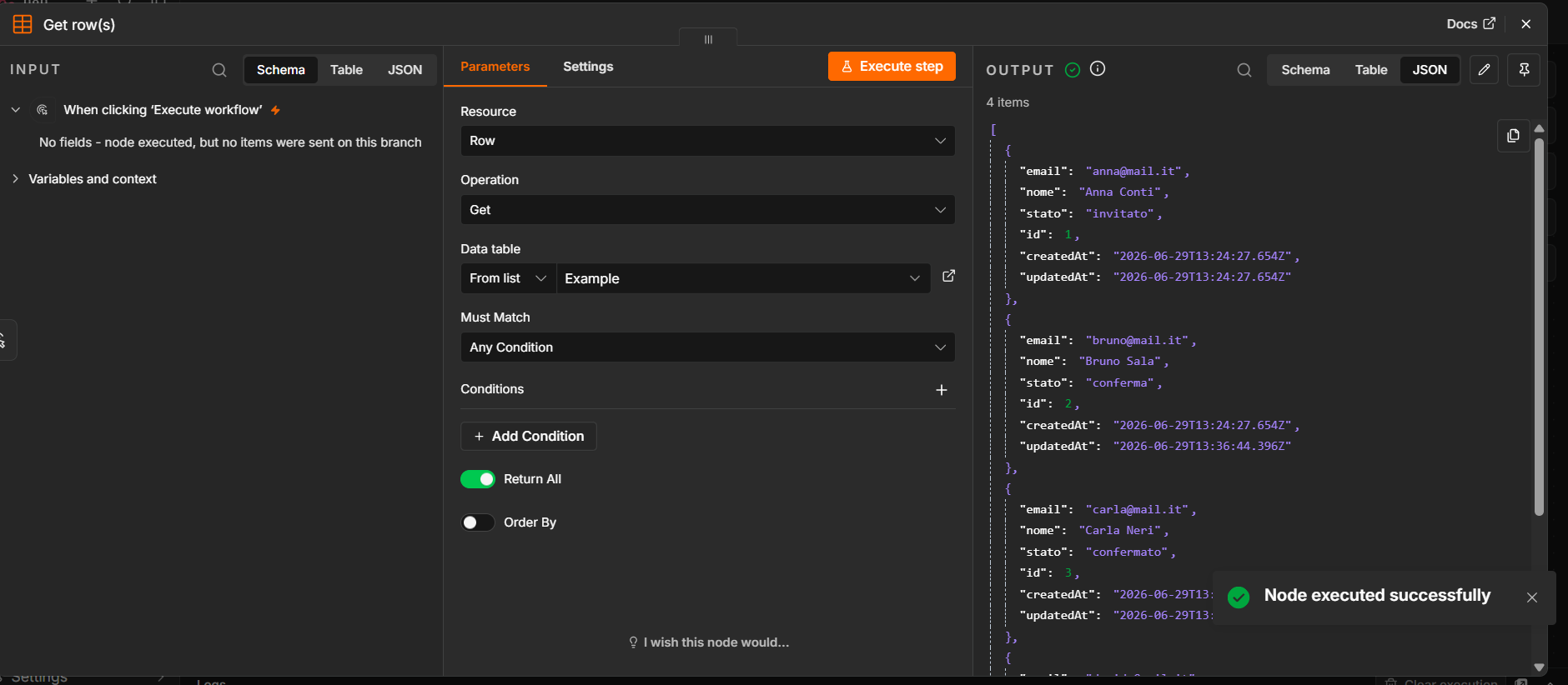 In Get row(s), enable Return All to read every row of Example; output shows anna, bruno, carla.