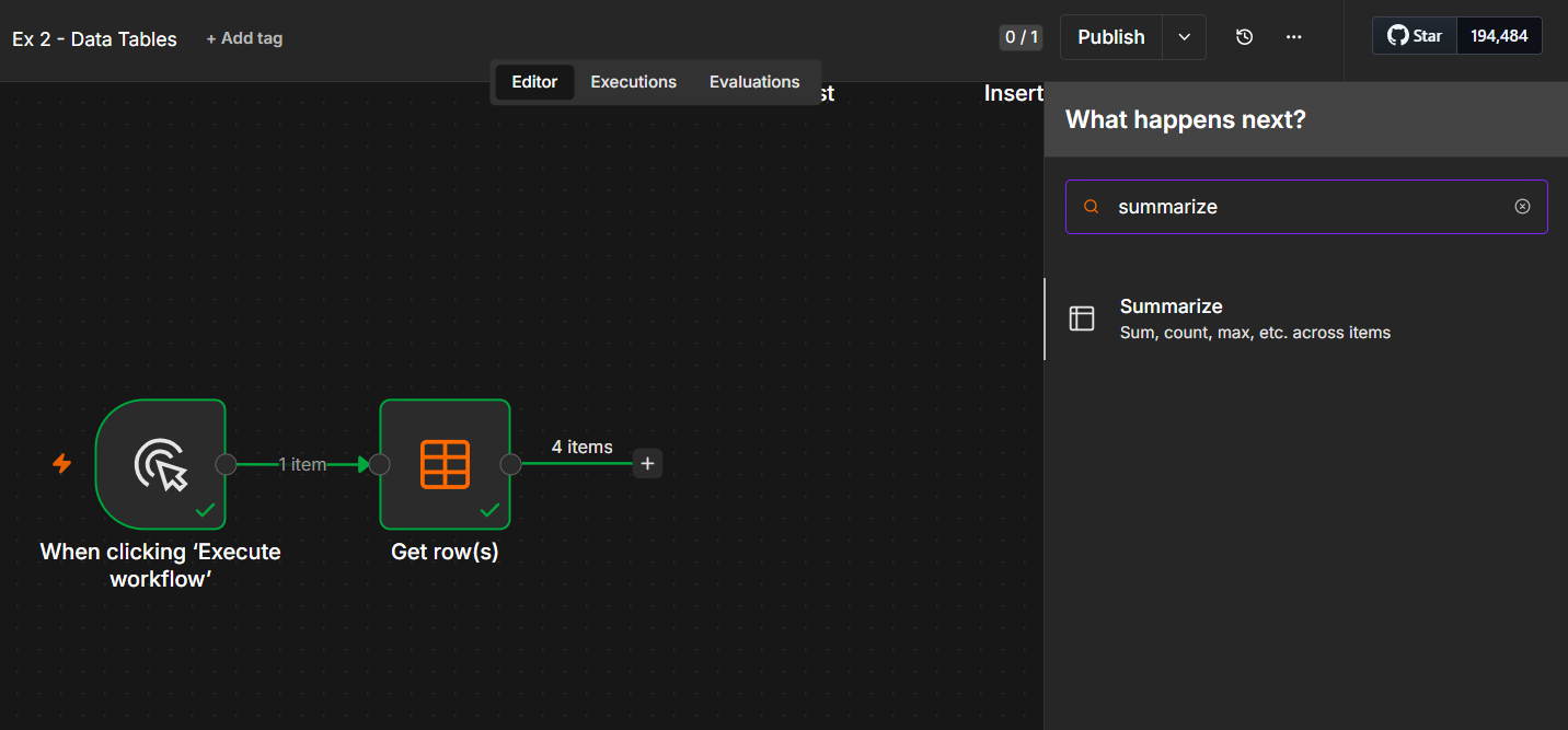 Get row(s) returns 4 items; add the next node and search "summarize" to count them.