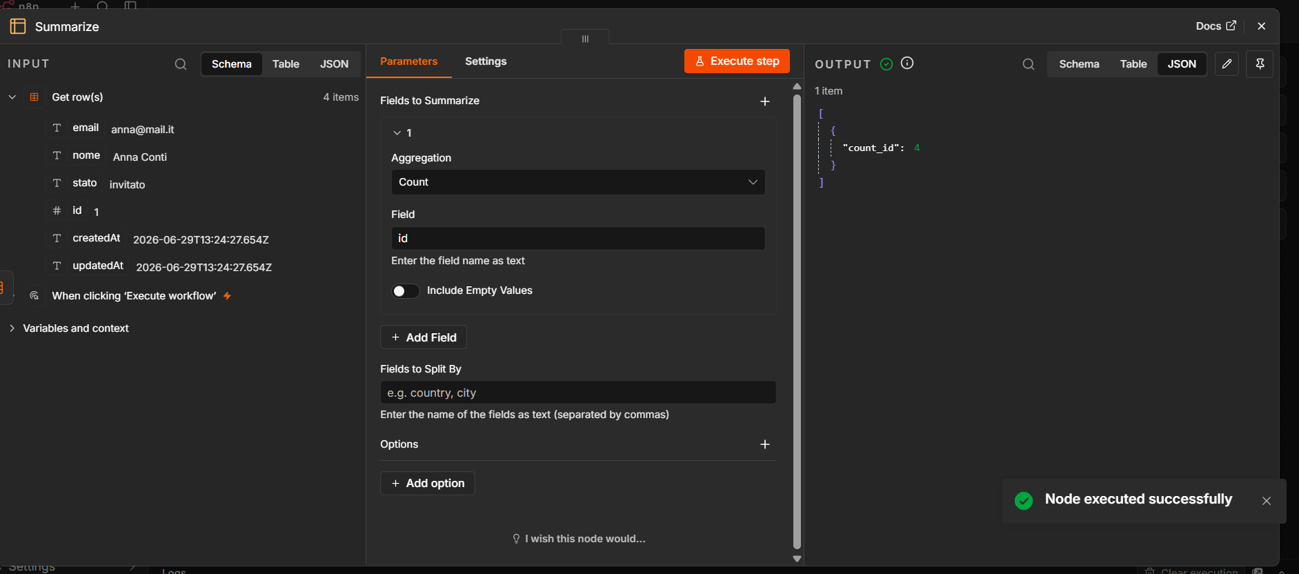 In Summarize, set Aggregation Count on field id; the output is count_id 4 total rows.